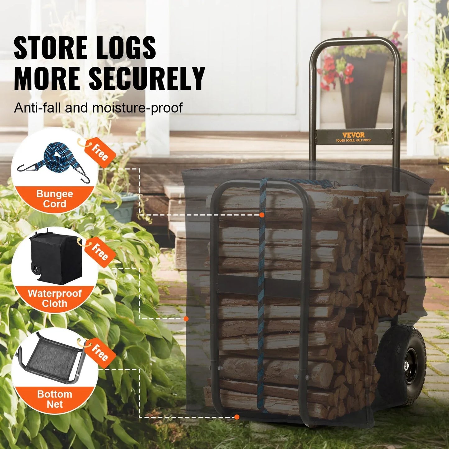 VEVOR Firewood Log Cart Wood Mover Hauler 250 lbs Capacity on PU Wheels Dolly - Mekamart Australia