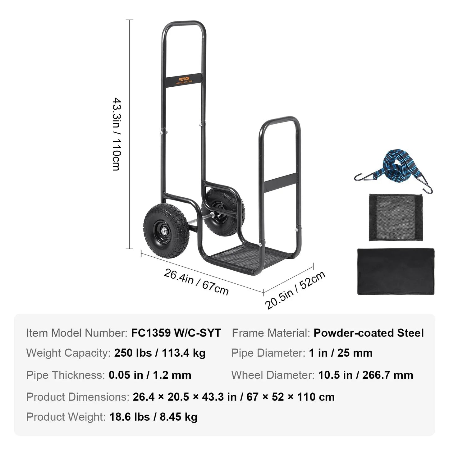 VEVOR Firewood Log Cart Wood Mover Hauler 250 lbs Capacity on PU Wheels Dolly - Mekamart Australia