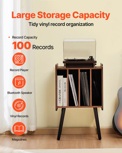 Record Player Stand, 2 Tiers Turntable Stand with 4 Cabinets, Holds up to 100 Albums, Wooden Vinyl Record Storage Cabinet with Display Shelf for Bedroom, Living Room, Brown