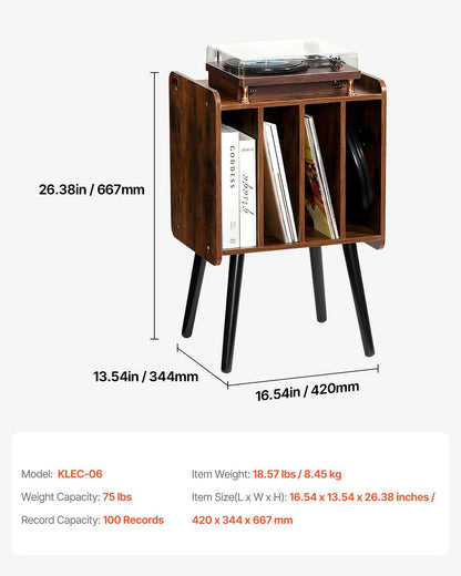 Record Player Stand, 2 Tiers Turntable Stand with 4 Cabinets, Holds up to 100 Albums, Wooden Vinyl Record Storage Cabinet with Display Shelf for Bedroom, Living Room, Brown
