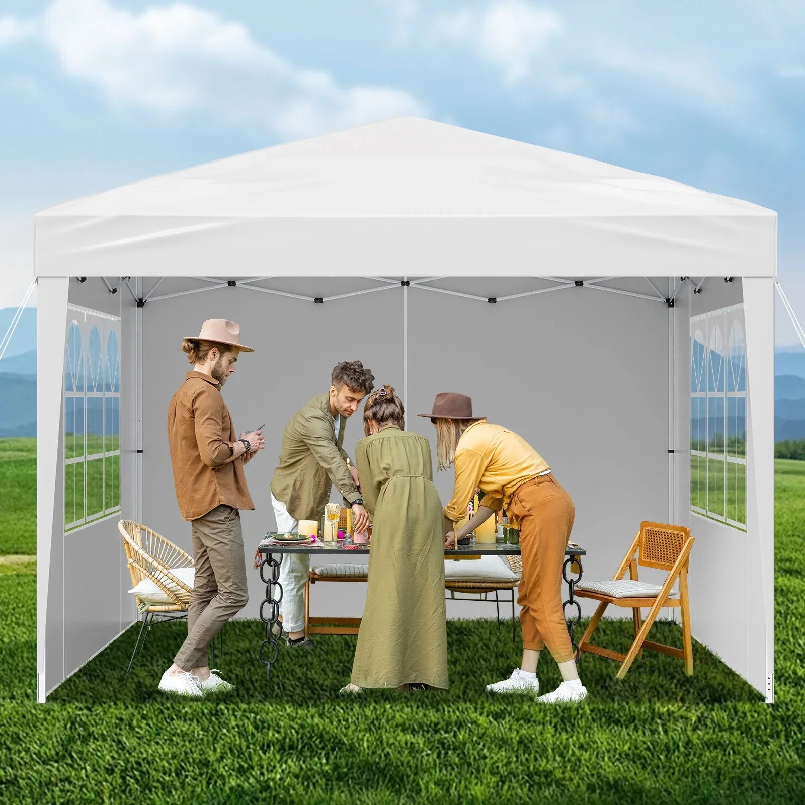 VEVOR Pop Up Canopy, 2.95 x 2.95 m Instant Canopy Portable Gazebo with 3 Sidewalls & 2 Ventilated Windows, Height Adjustable Pop-Up Outdoor Shelter Tent for Events, Patio, Backyard, Party, Parking - Mekamart Australia