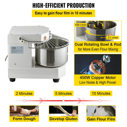 VEVOR Commercial Dough Food Mixer, 8L Large Capacity Stainless Steel Mixer with Bowel, Hook, Shield, Reset Button, 450W Tilt-Head Kitchen Dough Mixers for Cake, Cream, Egg Fluid, Fillings - Mekamart Australia