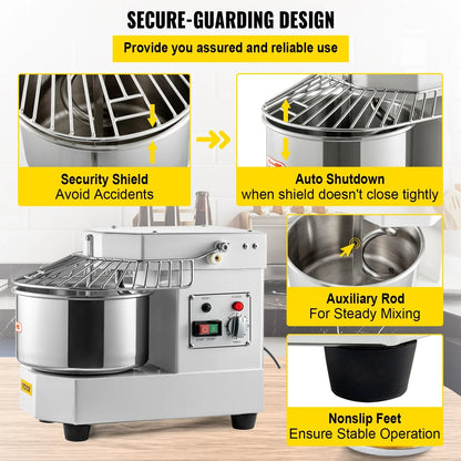 VEVOR Commercial Dough Food Mixer, 8L Large Capacity Stainless Steel Mixer with Bowel, Hook, Shield, Reset Button, 450W Tilt-Head Kitchen Dough Mixers for Cake, Cream, Egg Fluid, Fillings - Mekamart Australia