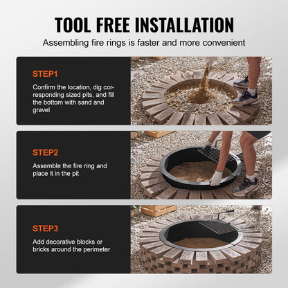Fire Pit Ring, Fire Pit Insert with Barbecue Fire Ring, 40-In Outer/36-In Inner Diameter, 8.5in Height, Carbon Steel Liner DIY Campfire Ring above/In-Ground, for Outdoor Camping, Bonfires