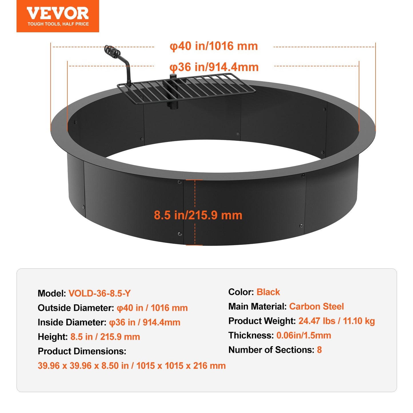 Fire Pit Ring, Fire Pit Insert with Barbecue Fire Ring, 40-In Outer/36-In Inner Diameter, 8.5in Height, Carbon Steel Liner DIY Campfire Ring above/In-Ground, for Outdoor Camping, Bonfires