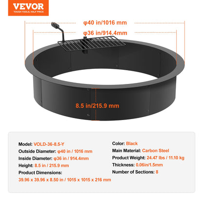 Fire Pit Ring, Fire Pit Insert with Barbecue Fire Ring, 40-In Outer/36-In Inner Diameter, 8.5in Height, Carbon Steel Liner DIY Campfire Ring above/In-Ground, for Outdoor Camping, Bonfires