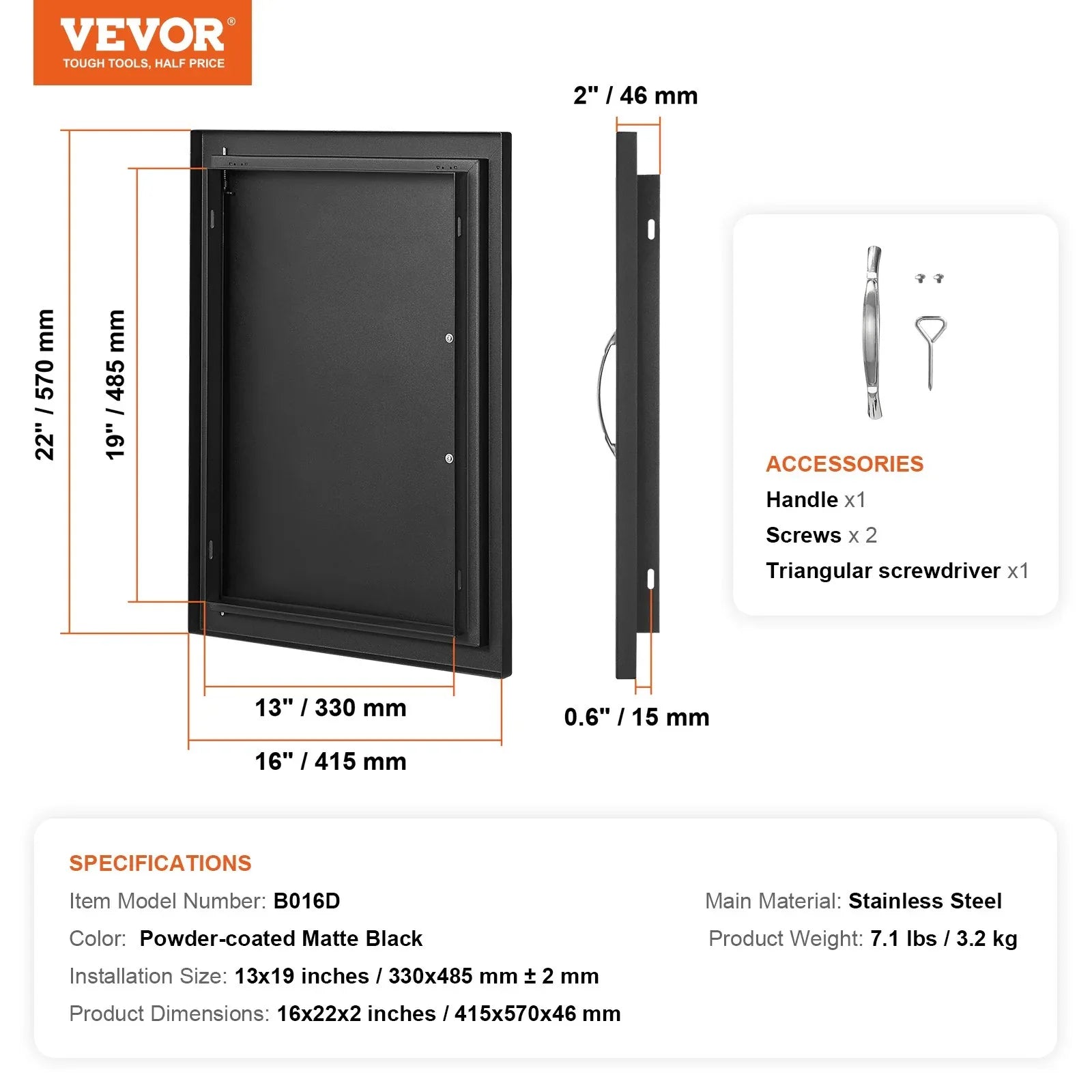 VEVOR BBQ Access Door, 415x570 mm Single Outdoor Kitchen Door, Cold Plate Flush Mount Door, Wall Vertical Door with Handle, for BBQ Island, Grilling Station, Outside Cabinet - Mekamart Australia