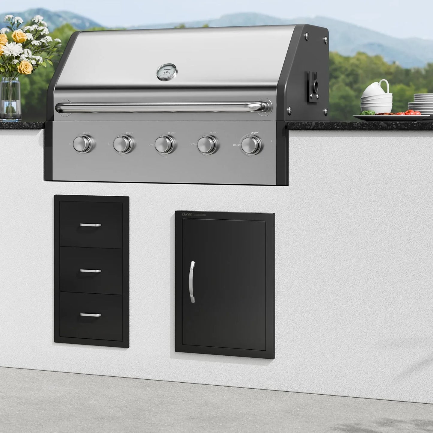 VEVOR BBQ Access Door, 415x570 mm Single Outdoor Kitchen Door, Cold Plate Flush Mount Door, Wall Vertical Door with Handle, for BBQ Island, Grilling Station, Outside Cabinet - Mekamart Australia
