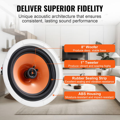 4 PCs 203.2 mm in Ceiling Speakers, 100-Watts, Flush Mount Ceiling & in-Wall Speakers System with 8ΩImpedance 89dB Sensitivity, for Home Kitchen Living Room Bedroom or Covered Outdoor Porches