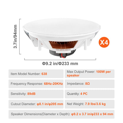 4 PCs 203.2 mm in Ceiling Speakers, 100-Watts, Flush Mount Ceiling & in-Wall Speakers System with 8ΩImpedance 89dB Sensitivity, for Home Kitchen Living Room Bedroom or Covered Outdoor Porches