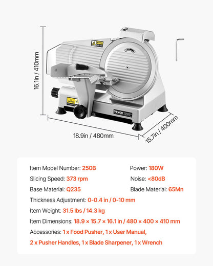 Meat Slicer 180W 250 mm Electric Deli Food Slicer for Meat Bread Cheese