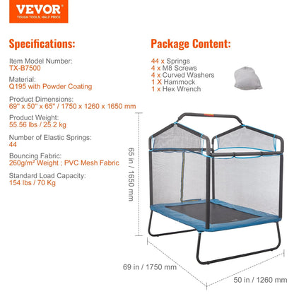 VEVOR 6FT Trampoline for Kids, 72" Indoor/Outdoor Toddlers Trampoline, Mini Baby Trampoline with Safety Enclosure Net, Gymnastics Bar, Hammock, Recreational Trampoline Birthday Gift for 3+ Years Kids - Mekamart Australia