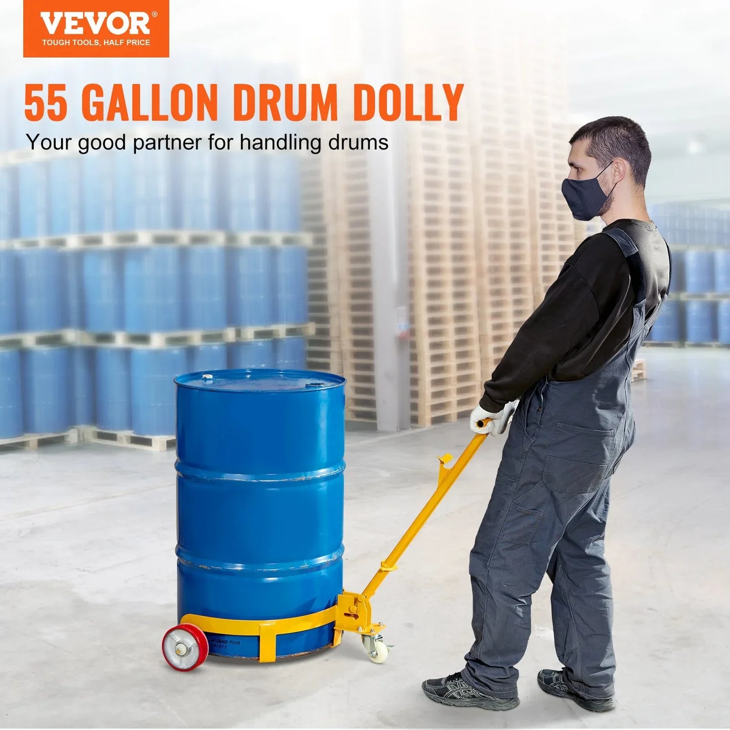 VEVOR 250L Drum Dolly, 544 kg Load Capacity, Barrel Dolly Cart Drum Caddy Round Dolly Steel Low Profile, Heavy Duty Steel Frame with Adjustable Handle 3 Wheels, for Workshop Factory Warehouse - Mekamart Australia