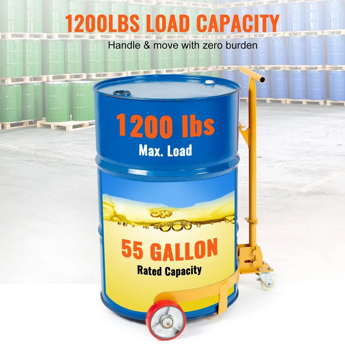 VEVOR 250L Drum Dolly, 544 kg Load Capacity, Barrel Dolly Cart Drum Caddy Round Dolly Steel Low Profile, Heavy Duty Steel Frame with Adjustable Handle 3 Wheels, for Workshop Factory Warehouse - Mekamart Australia