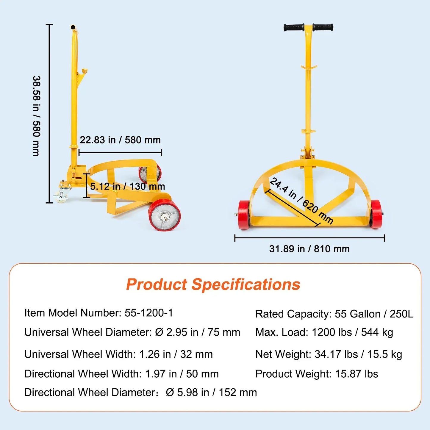 VEVOR 250L Drum Dolly, 544 kg Load Capacity, Barrel Dolly Cart Drum Caddy Round Dolly Steel Low Profile, Heavy Duty Steel Frame with Adjustable Handle 3 Wheels, for Workshop Factory Warehouse - Mekamart Australia