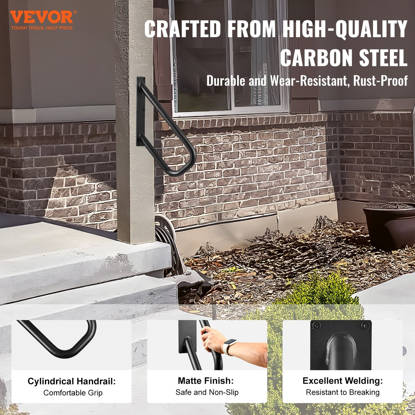 Handrails for Outdoor Steps, 18.9" Length 1.3"Pipe Wall Mount Safety Railings for 1-2 Steps, Stair Handrail with Matte Black Finished,for Garden,Yard and Garage & Elderly,Pregnant Women, Disable