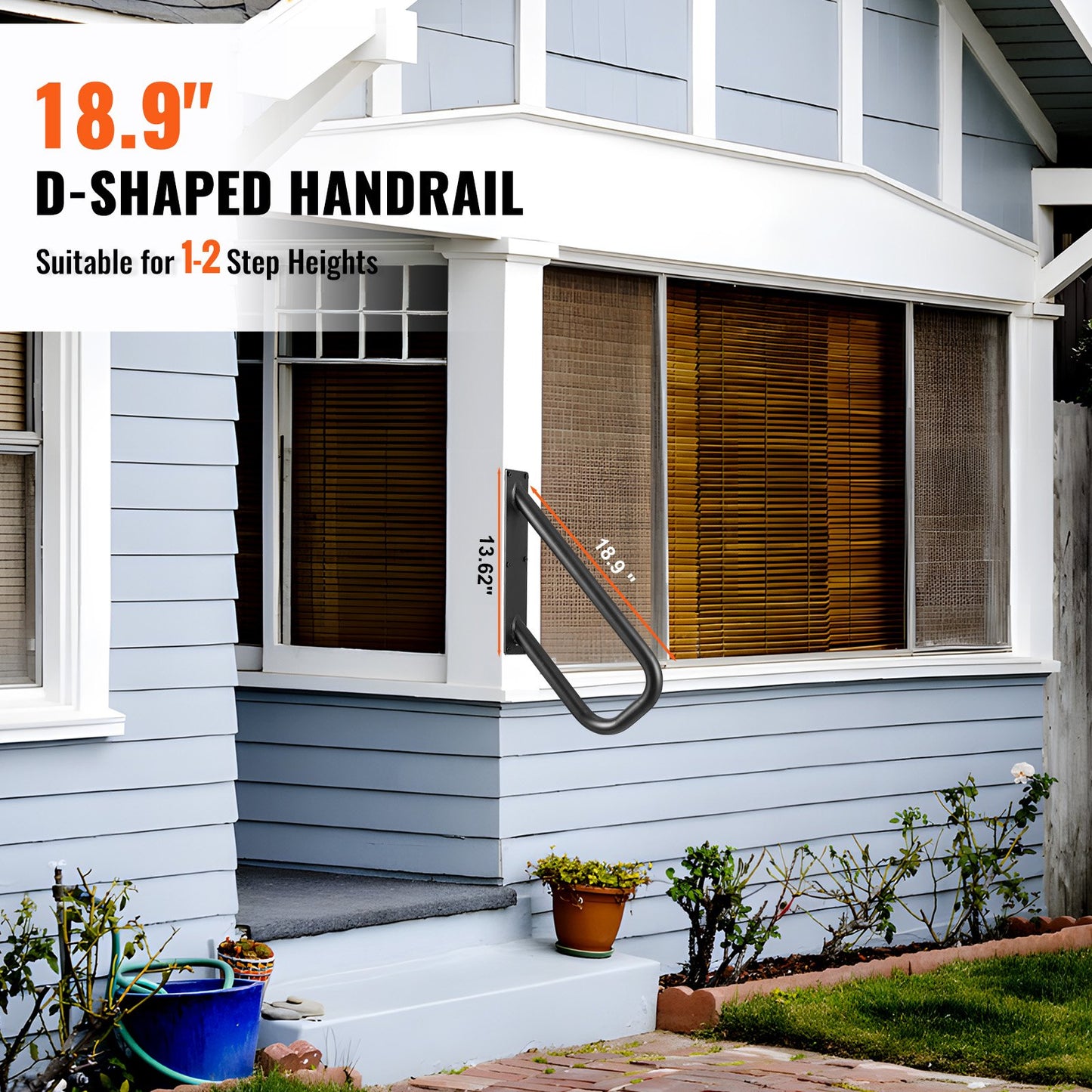 Handrails for Outdoor Steps, 18.9" Length 1.3"Pipe Wall Mount Safety Railings for 1-2 Steps, Stair Handrail with Matte Black Finished,for Garden,Yard and Garage & Elderly,Pregnant Women, Disable