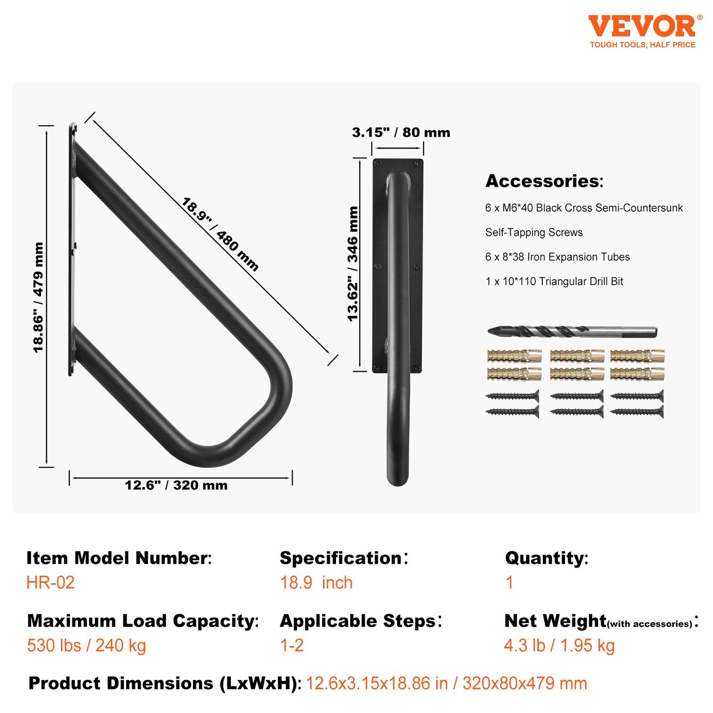 Handrails for Outdoor Steps, 18.9" Length 1.3"Pipe Wall Mount Safety Railings for 1-2 Steps, Stair Handrail with Matte Black Finished,for Garden,Yard and Garage & Elderly,Pregnant Women, Disable