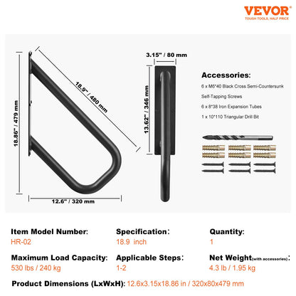 Handrails for Outdoor Steps, 18.9" Length 1.3"Pipe Wall Mount Safety Railings for 1-2 Steps, Stair Handrail with Matte Black Finished,for Garden,Yard and Garage & Elderly,Pregnant Women, Disable