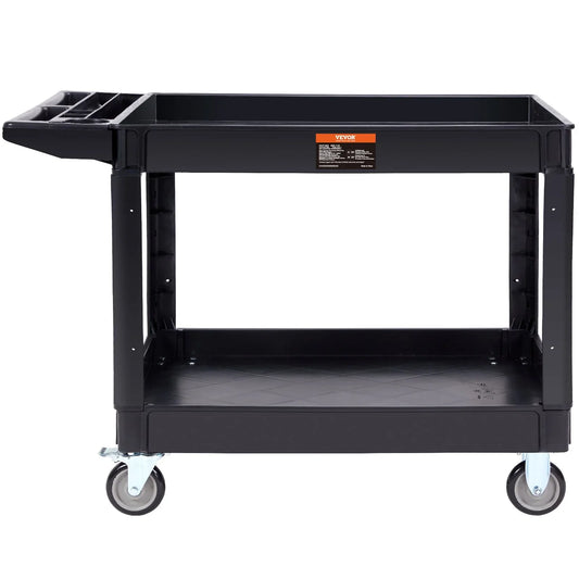 VEVOR Utility Service Cart, 2 Shelf 550LBS Heavy Duty Plastic Rolling Utility Cart with 360° Swivel Wheels (2 with Brakes), Large Lipped Shelf, Ergonomic Storage Handle for Warehouse/Garage/Cleaning - Mekamart Australia