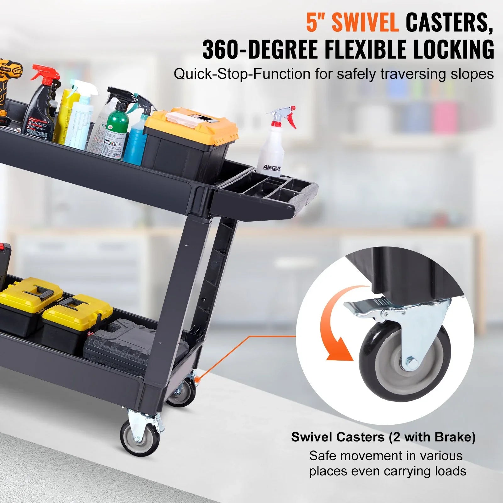VEVOR Utility Service Cart, 2 Shelf 550LBS Heavy Duty Plastic Rolling Utility Cart with 360° Swivel Wheels (2 with Brakes), Large Lipped Shelf, Ergonomic Storage Handle for Warehouse/Garage/Cleaning - Mekamart Australia