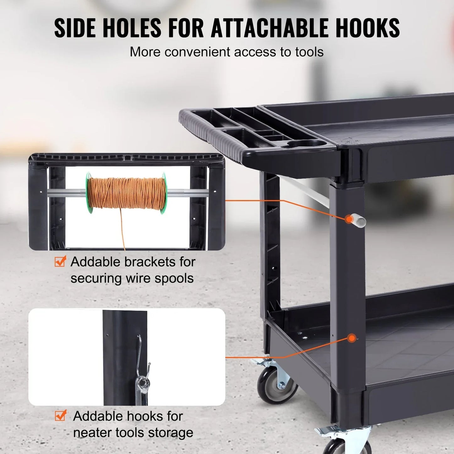 VEVOR Utility Service Cart, 2 Shelf 550LBS Heavy Duty Plastic Rolling Utility Cart with 360° Swivel Wheels (2 with Brakes), Large Lipped Shelf, Ergonomic Storage Handle for Warehouse/Garage/Cleaning - Mekamart Australia