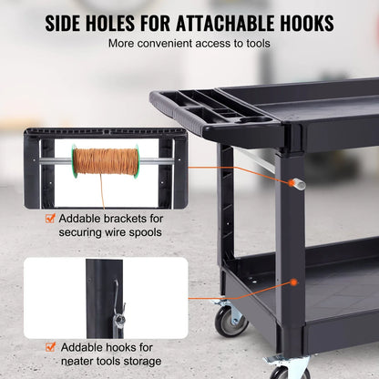 VEVOR Utility Service Cart, 2 Shelf 550LBS Heavy Duty Plastic Rolling Utility Cart with 360° Swivel Wheels (2 with Brakes), Large Lipped Shelf, Ergonomic Storage Handle for Warehouse/Garage/Cleaning - Mekamart Australia