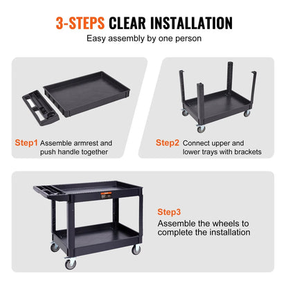 VEVOR Utility Service Cart, 2 Shelf 550LBS Heavy Duty Plastic Rolling Utility Cart with 360° Swivel Wheels (2 with Brakes), Large Lipped Shelf, Ergonomic Storage Handle for Warehouse/Garage/Cleaning - Mekamart Australia