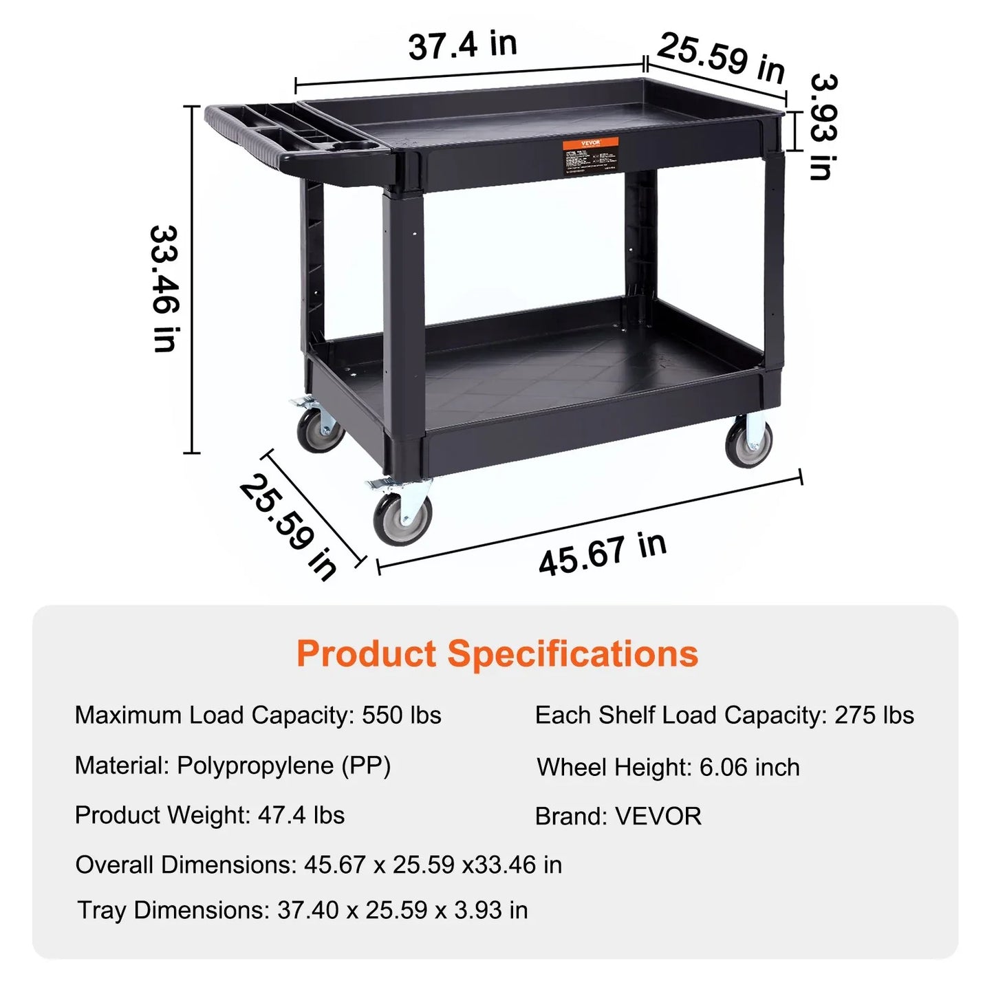 VEVOR Utility Service Cart, 2 Shelf 550LBS Heavy Duty Plastic Rolling Utility Cart with 360° Swivel Wheels (2 with Brakes), Large Lipped Shelf, Ergonomic Storage Handle for Warehouse/Garage/Cleaning - Mekamart Australia