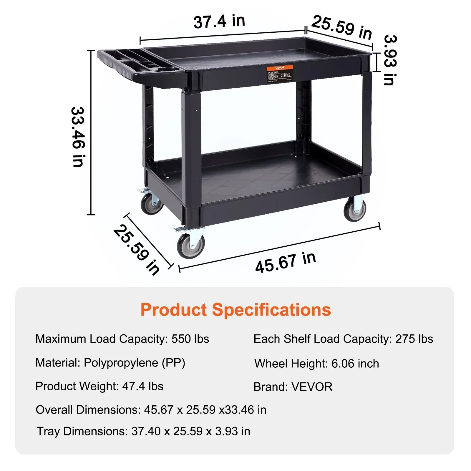 VEVOR Utility Service Cart, 2 Shelf 550LBS Heavy Duty Plastic Rolling Utility Cart with 360° Swivel Wheels (2 with Brakes), Large Lipped Shelf, Ergonomic Storage Handle for Warehouse/Garage/Cleaning - Mekamart Australia