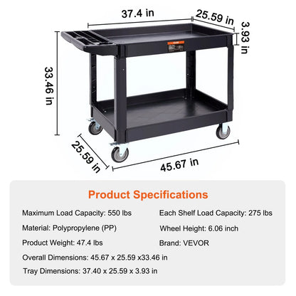 VEVOR Utility Service Cart, 2 Shelf 550LBS Heavy Duty Plastic Rolling Utility Cart with 360° Swivel Wheels (2 with Brakes), Large Lipped Shelf, Ergonomic Storage Handle for Warehouse/Garage/Cleaning - Mekamart Australia