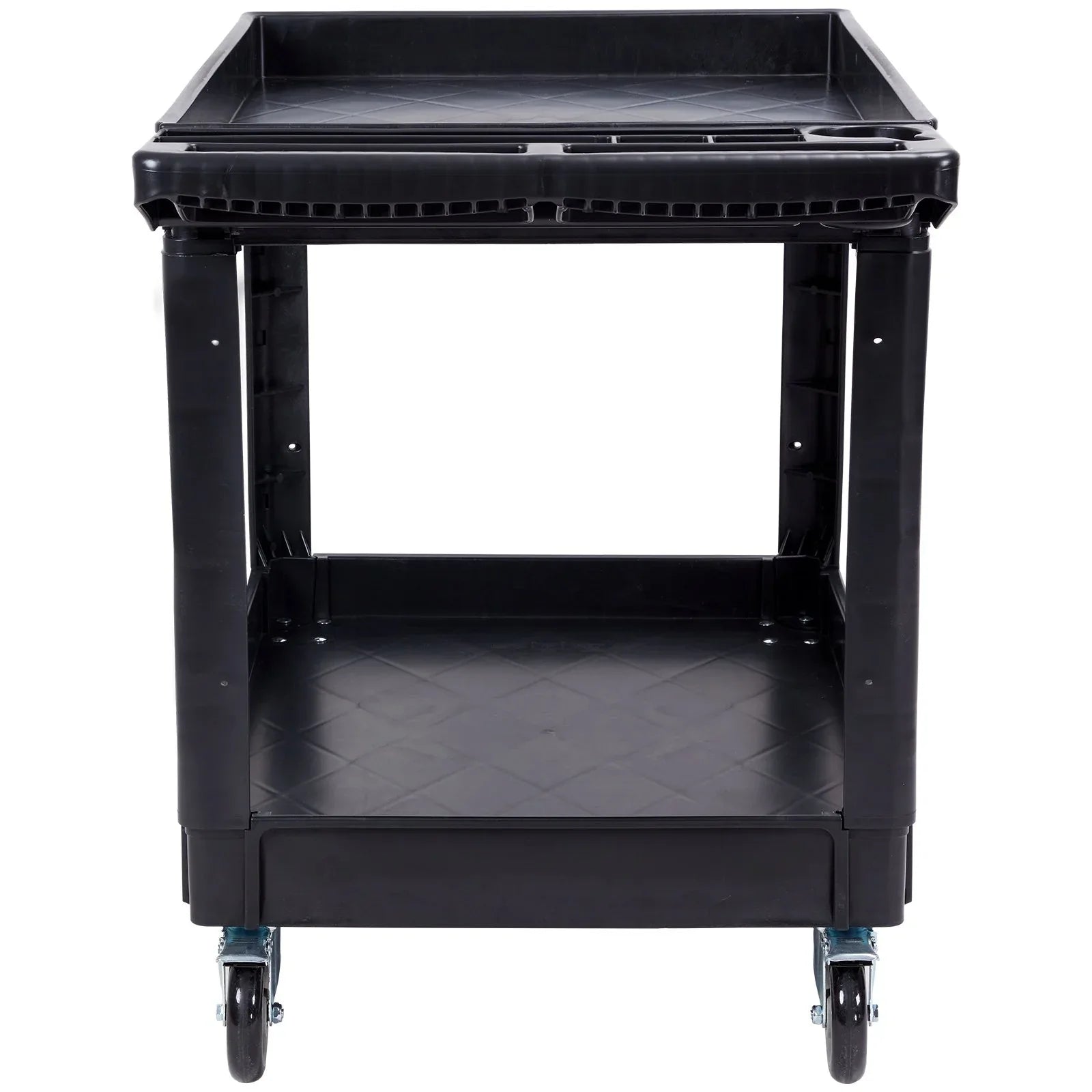 VEVOR Utility Service Cart, 2 Shelf 550LBS Heavy Duty Plastic Rolling Utility Cart with 360° Swivel Wheels (2 with Brakes), Large Lipped Shelf, Ergonomic Storage Handle for Warehouse/Garage/Cleaning - Mekamart Australia