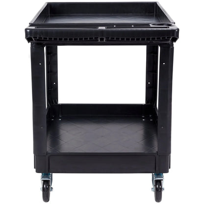 VEVOR Utility Service Cart, 2 Shelf 550LBS Heavy Duty Plastic Rolling Utility Cart with 360° Swivel Wheels (2 with Brakes), Large Lipped Shelf, Ergonomic Storage Handle for Warehouse/Garage/Cleaning - Mekamart Australia