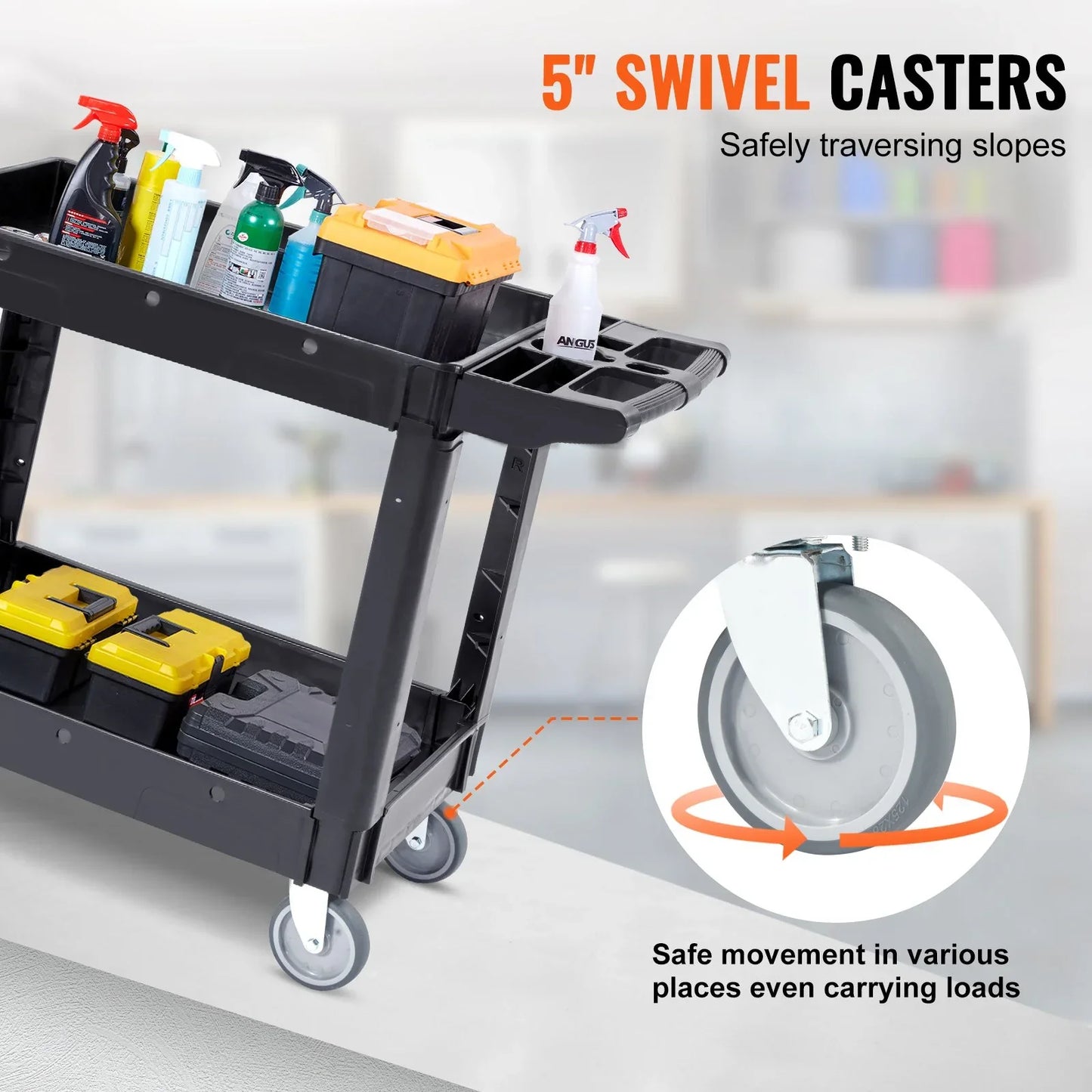 VEVOR Utility Service Cart, 2 Shelf 550LBS Heavy Duty Plastic Rolling Utility Cart with 360° Swivel Wheels, Medium Lipped Shelf, Ergonomic Storage Handle for Warehouse/Garage/Cleaning/Office - Mekamart Australia