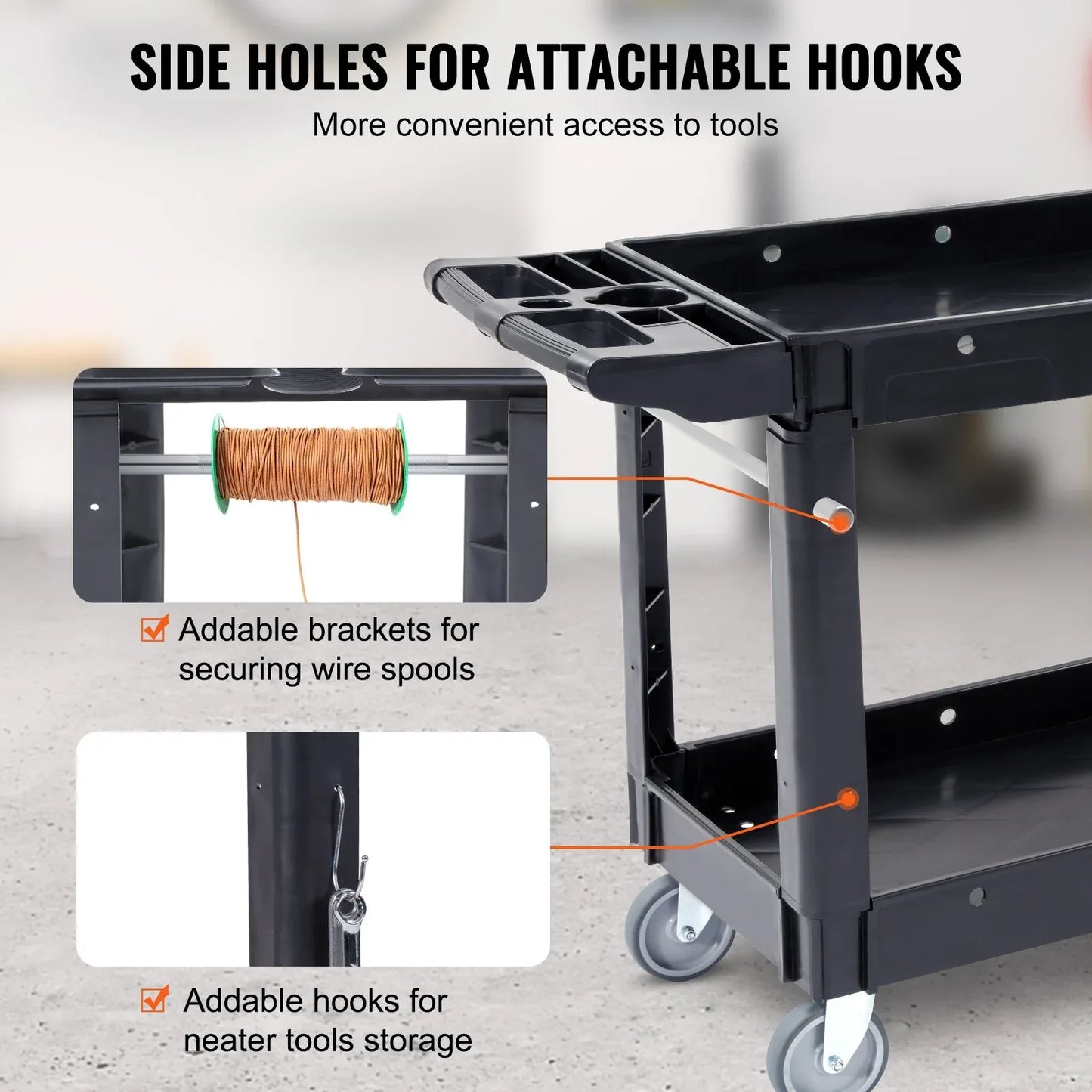 VEVOR Utility Service Cart, 2 Shelf 550LBS Heavy Duty Plastic Rolling Utility Cart with 360° Swivel Wheels, Medium Lipped Shelf, Ergonomic Storage Handle for Warehouse/Garage/Cleaning/Office - Mekamart Australia
