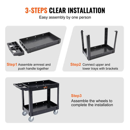 VEVOR Utility Service Cart, 2 Shelf 550LBS Heavy Duty Plastic Rolling Utility Cart with 360° Swivel Wheels, Medium Lipped Shelf, Ergonomic Storage Handle for Warehouse/Garage/Cleaning/Office - Mekamart Australia