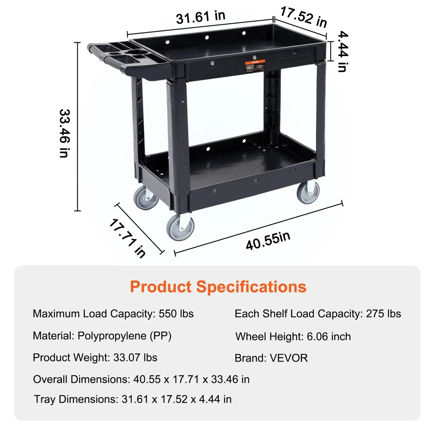 VEVOR Utility Service Cart, 2 Shelf 550LBS Heavy Duty Plastic Rolling Utility Cart with 360° Swivel Wheels, Medium Lipped Shelf, Ergonomic Storage Handle for Warehouse/Garage/Cleaning/Office - Mekamart Australia