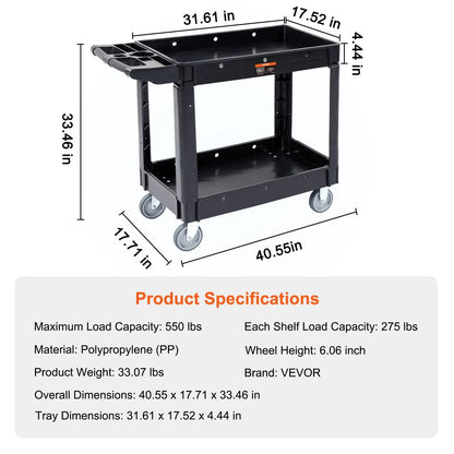 VEVOR Utility Service Cart, 2 Shelf 550LBS Heavy Duty Plastic Rolling Utility Cart with 360° Swivel Wheels, Medium Lipped Shelf, Ergonomic Storage Handle for Warehouse/Garage/Cleaning/Office - Mekamart Australia