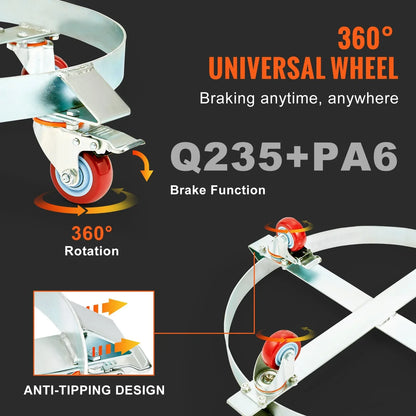 VEVOR 2PCS 250 L Heavy Duty Drum Dolly, 454 kg Load Capacity, Barrel Dolly Cart Drum Caddy, Non Tipping Hand Truck Capacity Dollies with Steel Frame 4 Swivel Casters Wheel, for Drum Handling - Mekamart Australia