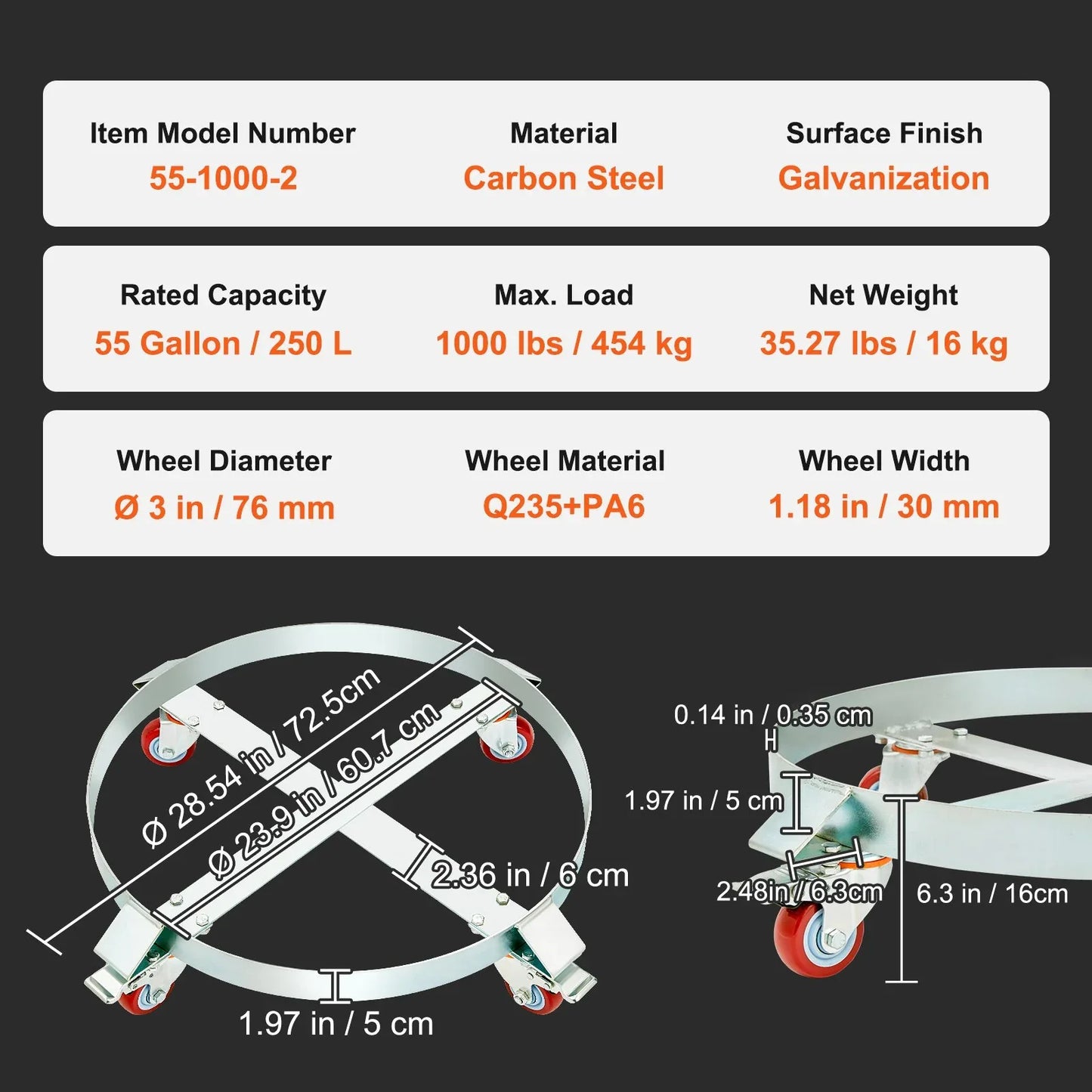 VEVOR 2PCS 250 L Heavy Duty Drum Dolly, 454 kg Load Capacity, Barrel Dolly Cart Drum Caddy, Non Tipping Hand Truck Capacity Dollies with Steel Frame 4 Swivel Casters Wheel, for Drum Handling - Mekamart Australia