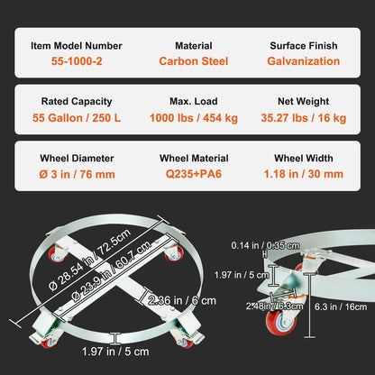 VEVOR 2PCS 250 L Heavy Duty Drum Dolly, 454 kg Load Capacity, Barrel Dolly Cart Drum Caddy, Non Tipping Hand Truck Capacity Dollies with Steel Frame 4 Swivel Casters Wheel, for Drum Handling - Mekamart Australia