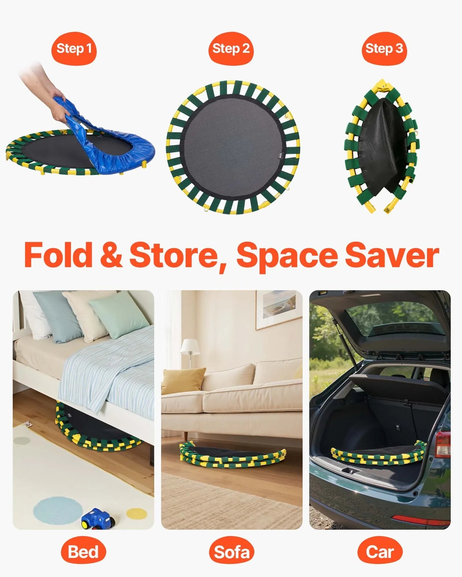 VEVOR 3FT Trampoline for Kids, 92 cm Trampolines Indoor/Outdoor Trampoline for Toddlers, Foldable Mini Baby Trampoline with Foam Handle, Recreational Trampoline Birthday Gift for 3+ Years Kids - Mekamart Australia