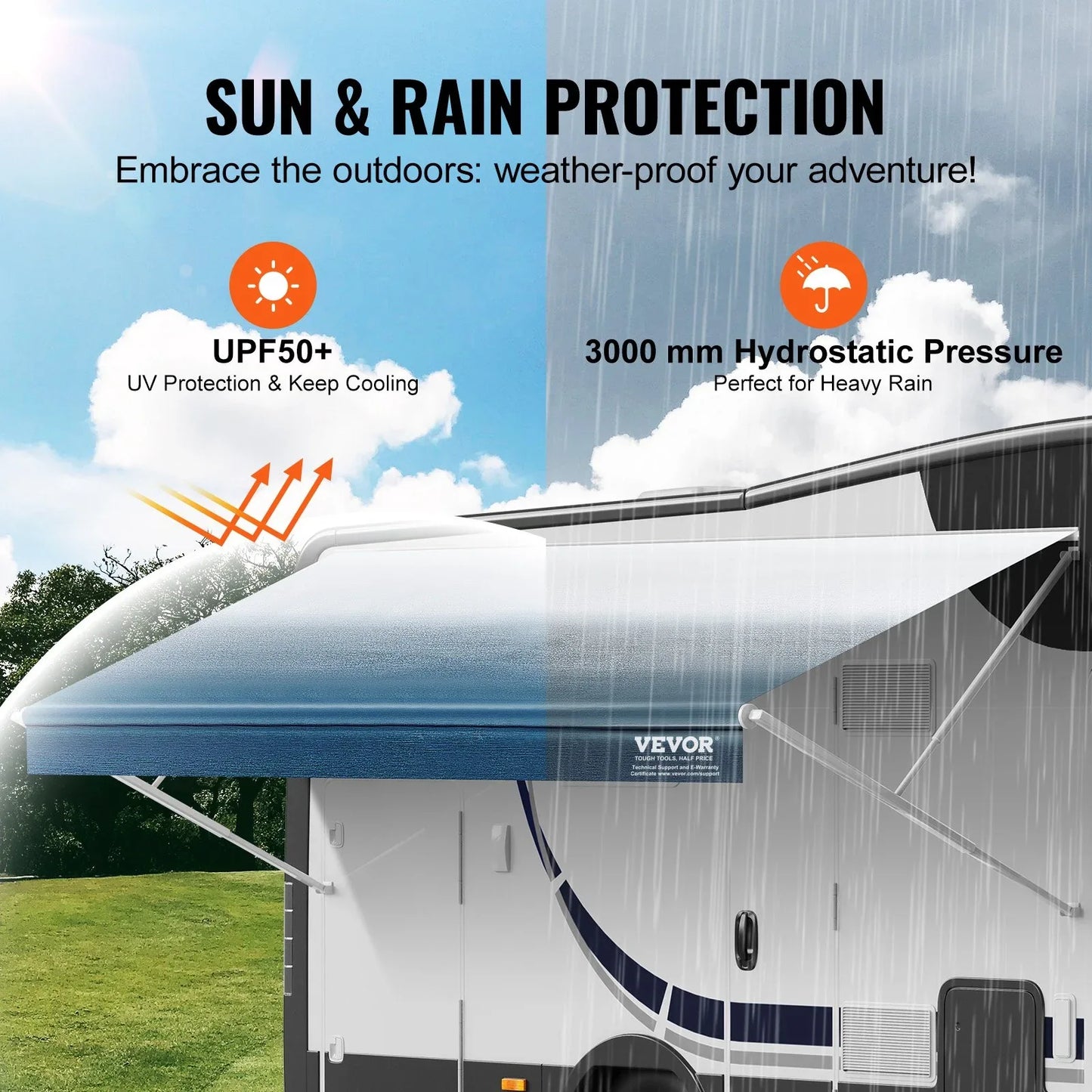 VEVOR RV Awning Fabric Replacement, 6.15m Fabric Length for 6.4m Awning, Heavy Duty 3-Ply 16oz PVC Camper Awning Fabric, Waterproof & UV Protection Outdoor Canopy for RV, Trailer, Motorhome, Blue Fade - Mekamart Australia