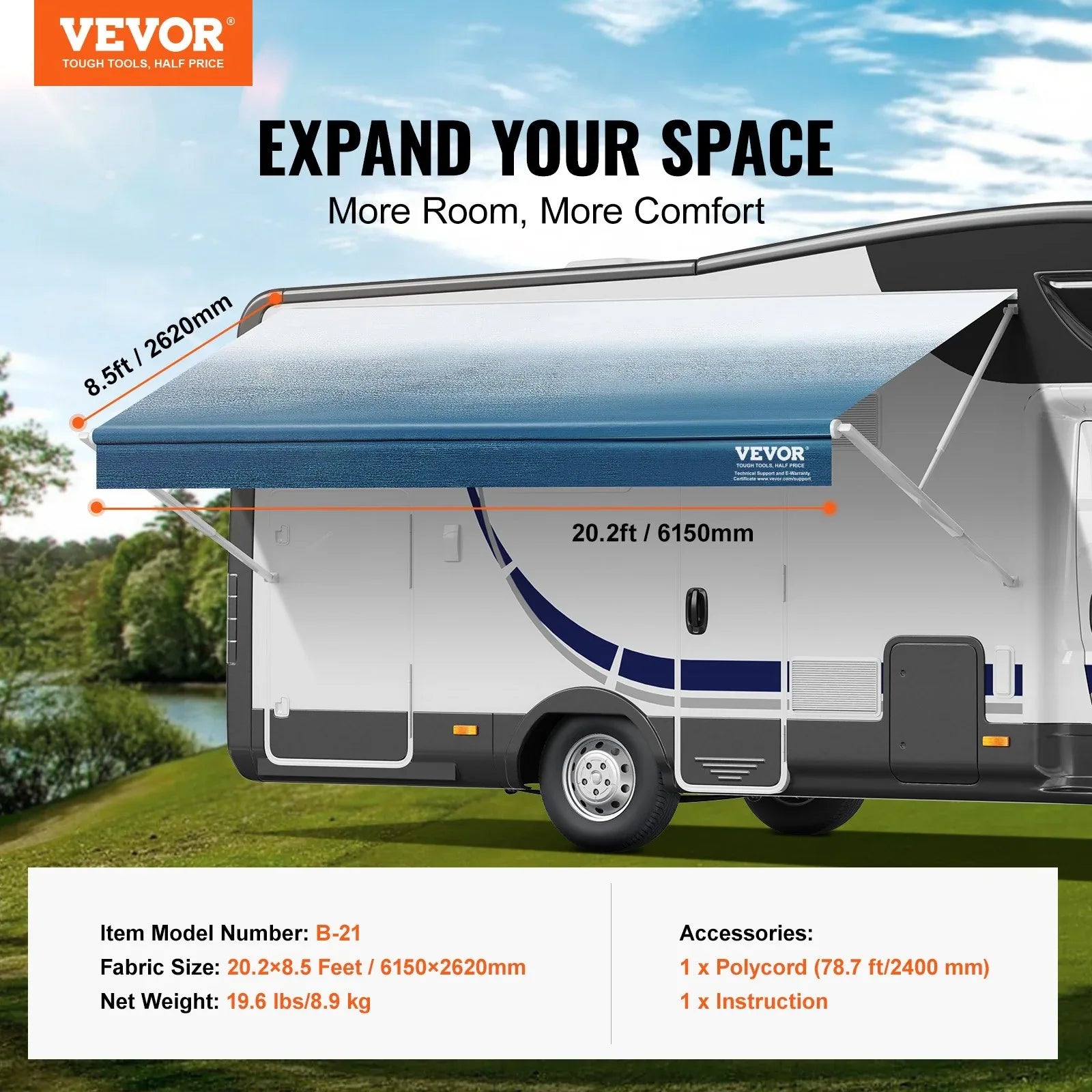 VEVOR RV Awning Fabric Replacement, 6.15m Fabric Length for 6.4m Awning, Heavy Duty 3-Ply 16oz PVC Camper Awning Fabric, Waterproof & UV Protection Outdoor Canopy for RV, Trailer, Motorhome, Blue Fade - Mekamart Australia