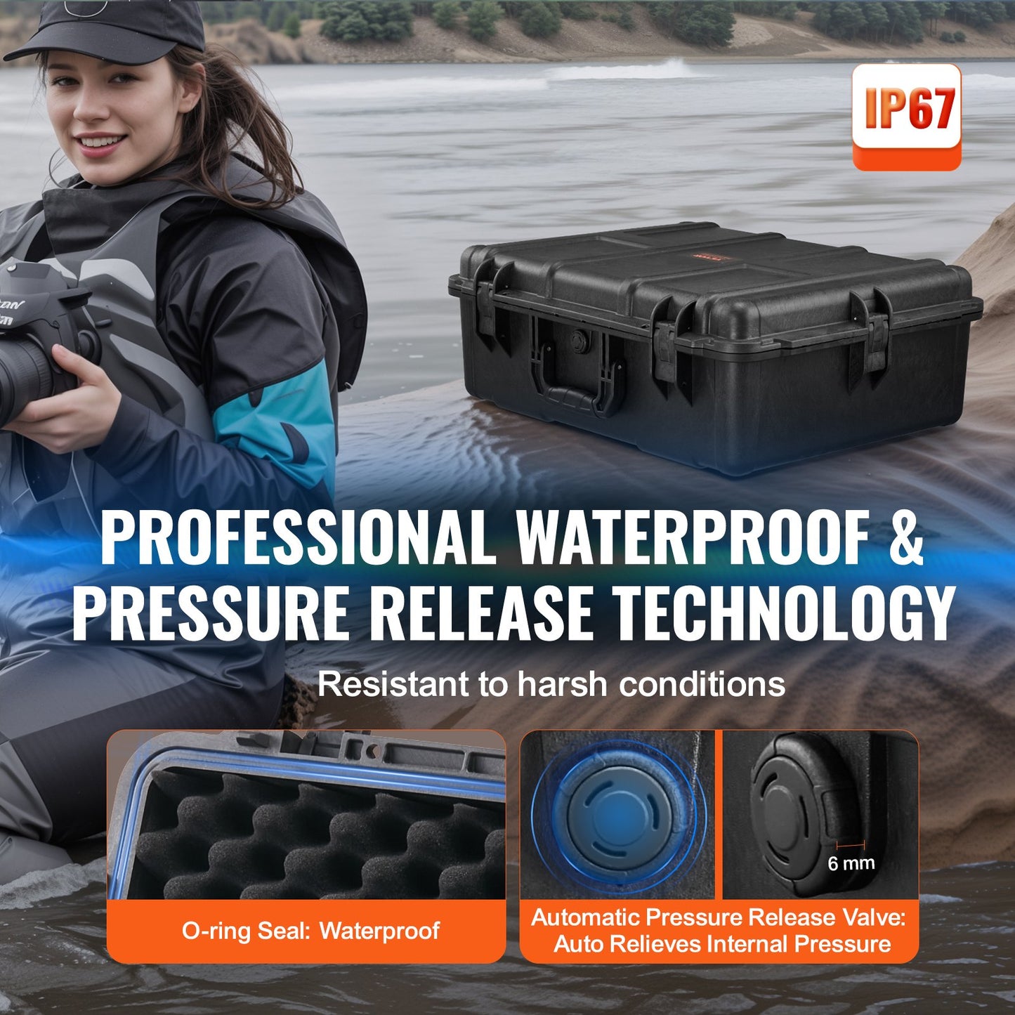 Weatherproof Hard Case, Heavy Duty Protective Dry Box Case with Pre-cut Foam, and Retractable Pull Handles for Travel, Hunting, Military, Tactical, IP67 Waterproof Case for Cameras (56.1x37x26)