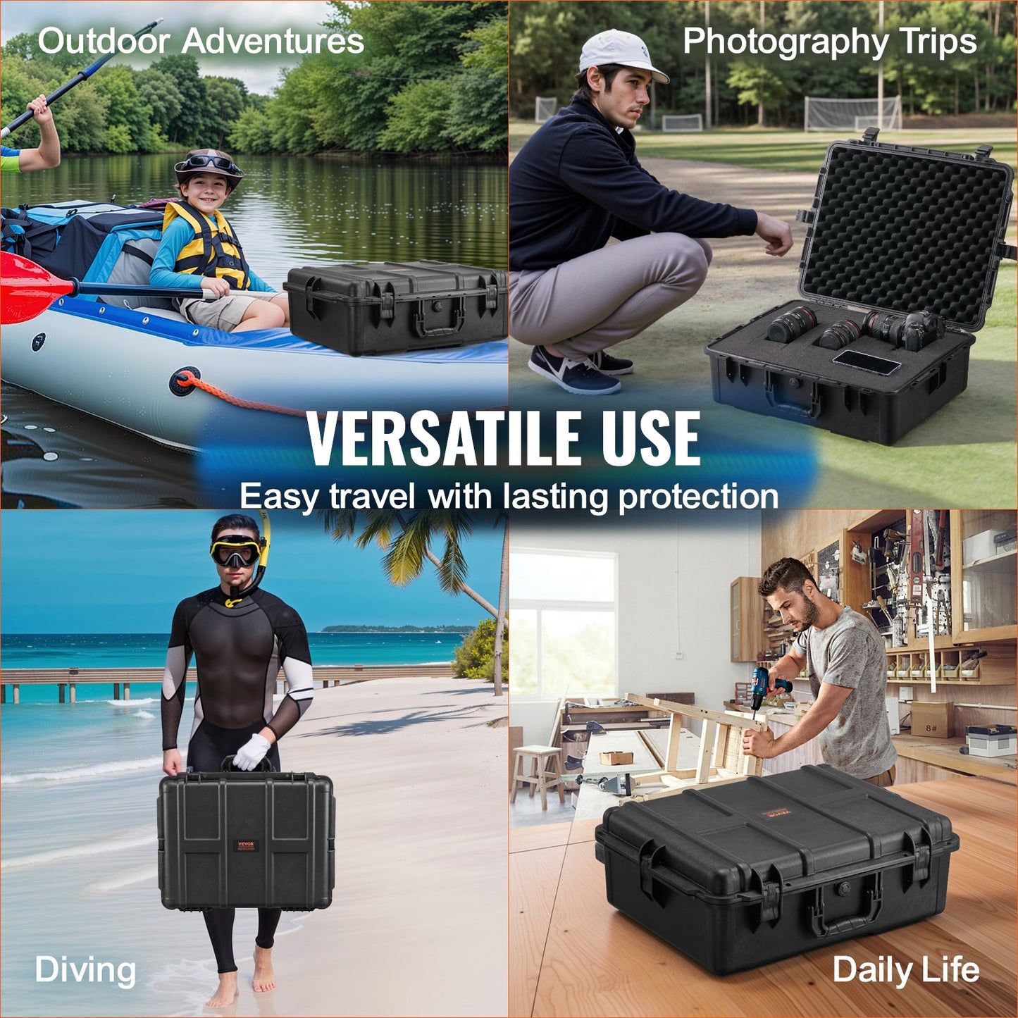 Weatherproof Hard Case, Heavy Duty Protective Dry Box Case with Pre-cut Foam, and Retractable Pull Handles for Travel, Hunting, Military, Tactical, IP67 Waterproof Case for Cameras (56.1x37x26)
