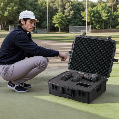 Weatherproof Hard Case, Heavy Duty Protective Dry Box Case with Pre-cut Foam, and Retractable Pull Handles for Travel, Hunting, Military, Tactical, IP67 Waterproof Case for Cameras (56.1x37x26)