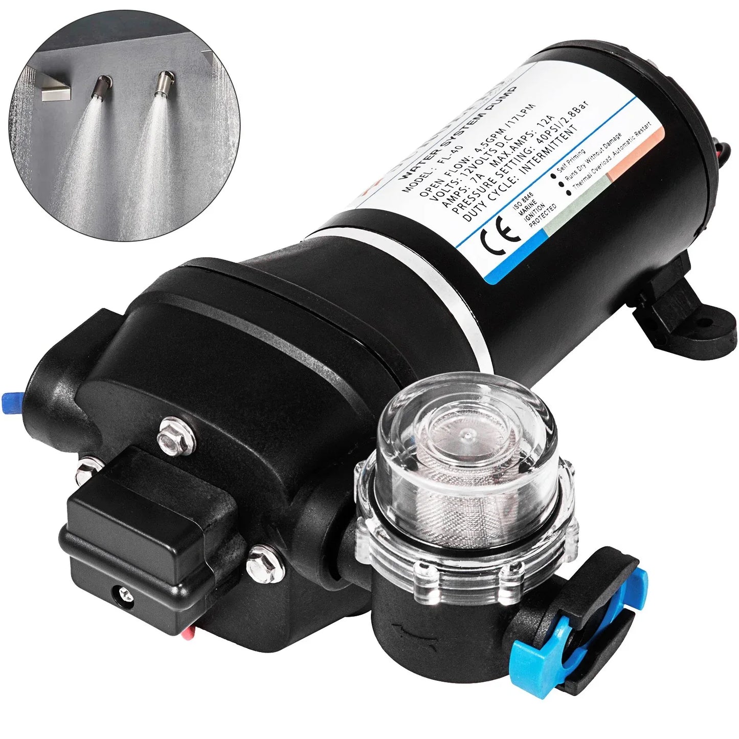 VEVOR Water Pressure Diaphragm Pump, 12V FL-40 High Pressure Diaphragm Water Pump, 40PSI Automatic Self Priming Water Pump, 17L/MIN Misting Booster Sprayer Diaphragm Pump for Caravan Boat RV Garden - Mekamart Australia