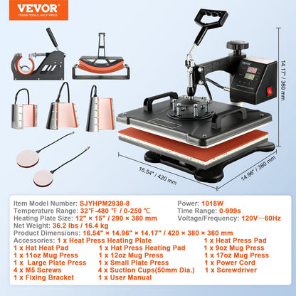 1400W Heat Press Machine 8 In 1 Sublimation Steel Frame Heat Presses with Temperature And Time Control (12X15INCH 8IN1)