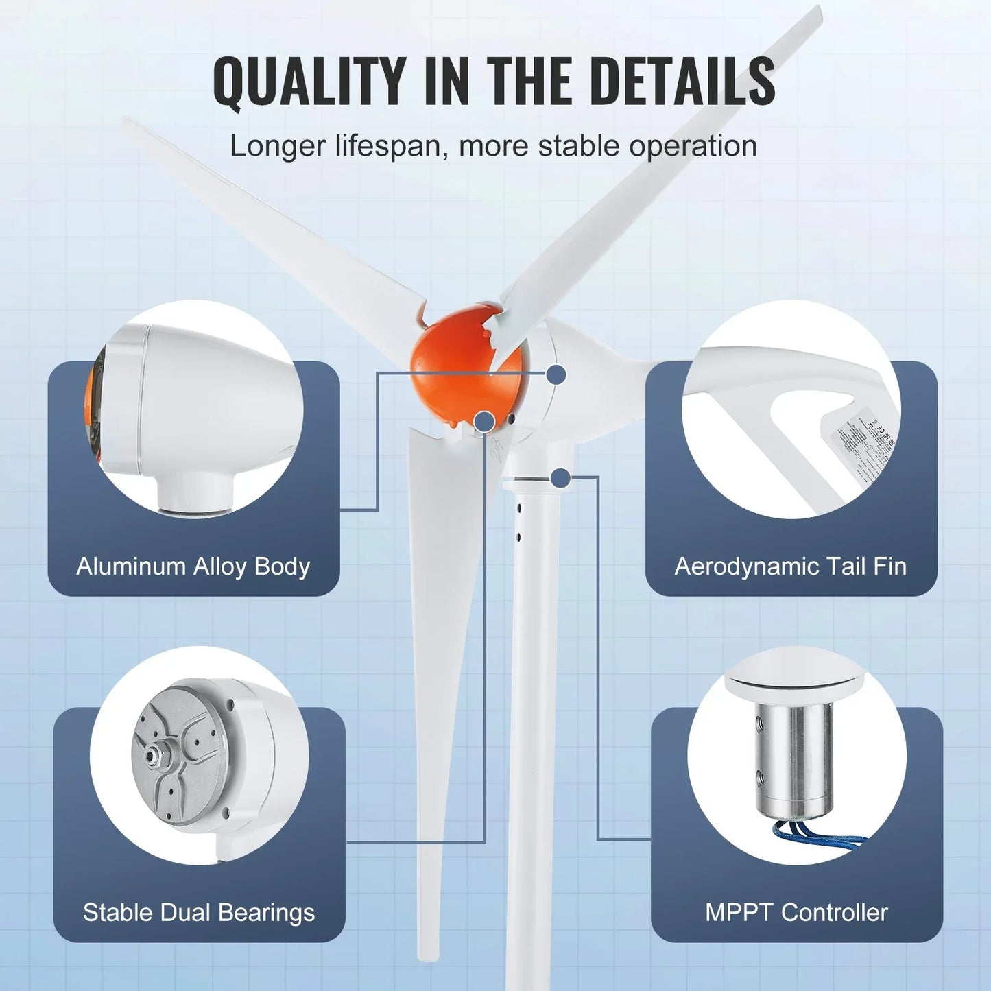 VEVOR 500W Wind Turbine Generator, 12V Wind Turbine Kit, 3-Blade Wind Power Generator with Anemometer, MPPT Controller & Adjustable Windward Direction, Suitable for Home, Farm, RVs, Boats - Mekamart Australia